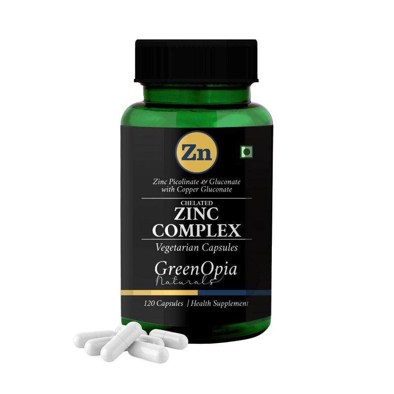 GreenOpia Zinc Complex 120 Vegetarian Capsules with zinc picolinate, zinc gluconate and copper gluconate supplement bottle